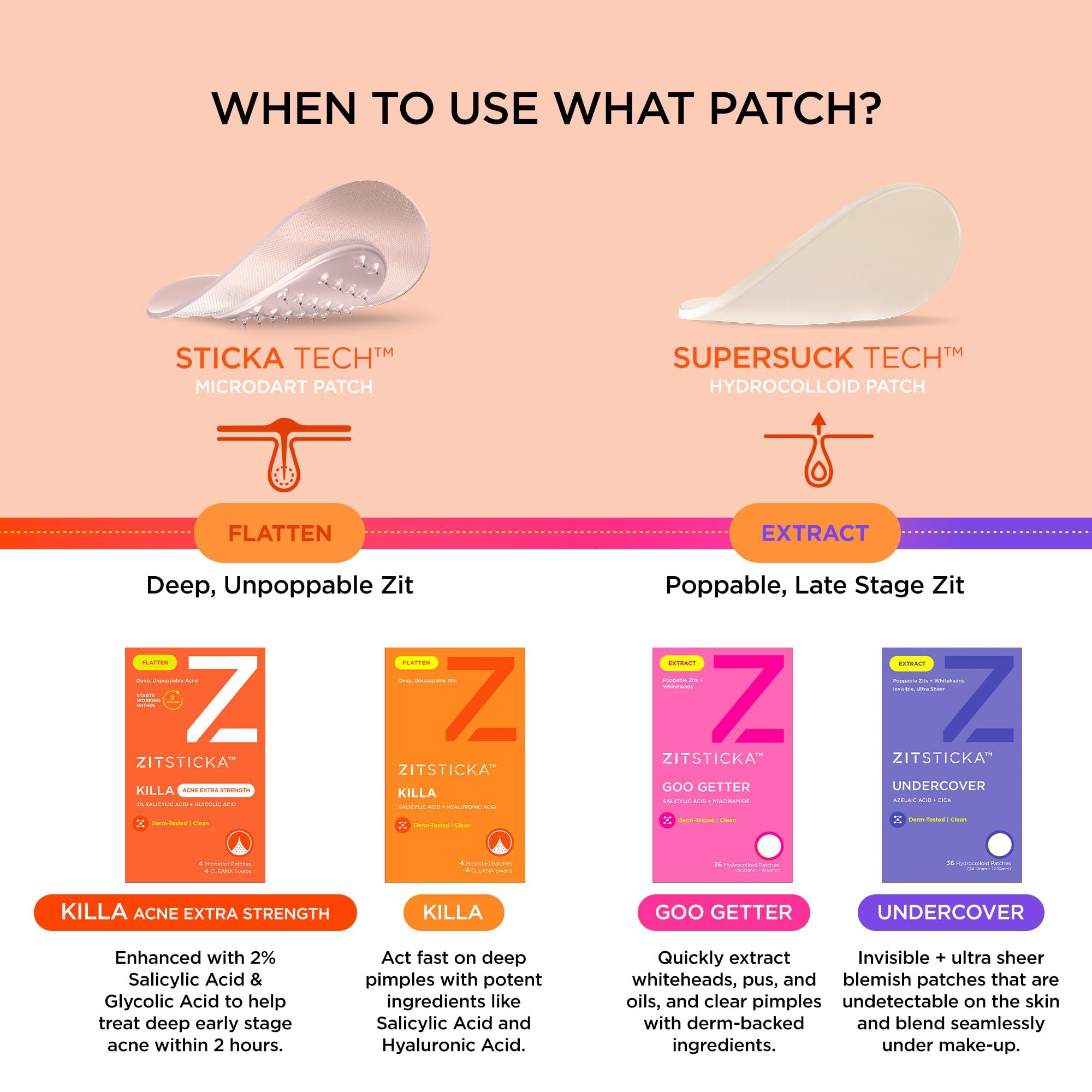 ZitSticka ZitSticka Extra Strength Killa Acne Patches for Face - World\'s Most Potent Pimple Patch with Fast-Acting Microdarts - Starts Working within 2 Hours for Deep, Early-Stage Zits & Blemish - 4 Count