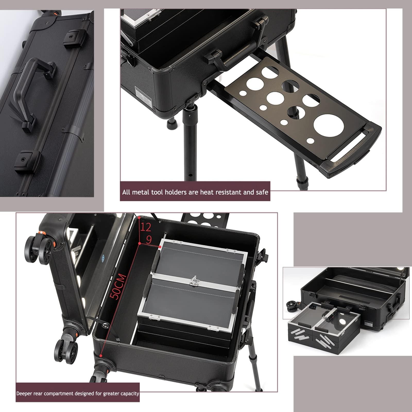 HJXGQJM Rolling Makeup Case Professional Makeup Train Case Makeup Artist Travel Organizer, Make-up Case With LED Light, 3-colour Light Source,Cosmetic Case With Stand, Black Aluminium Make Up Case cosmetic ca
