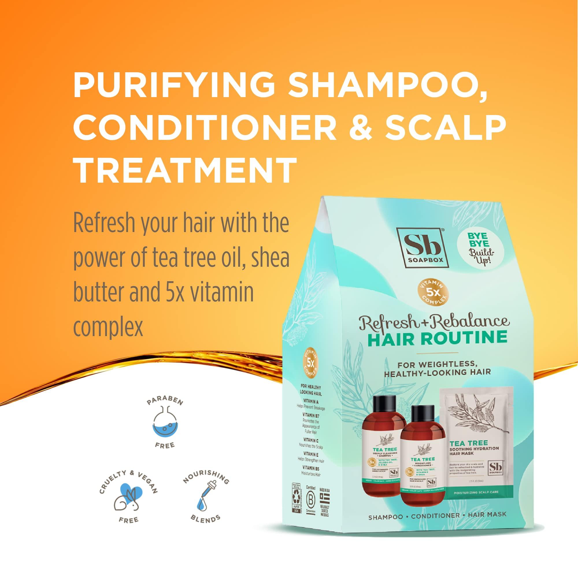 Soapbox Soapbox Haircare Gift Set of 3, Travel Sized Shampoo & Conditioner with Tea Tree Oil + Scalp Treatment to Cleanse Build Up, Cleansing Hair Care Set of Three in Gift Box Easy, Breezy Hair Days Inside!