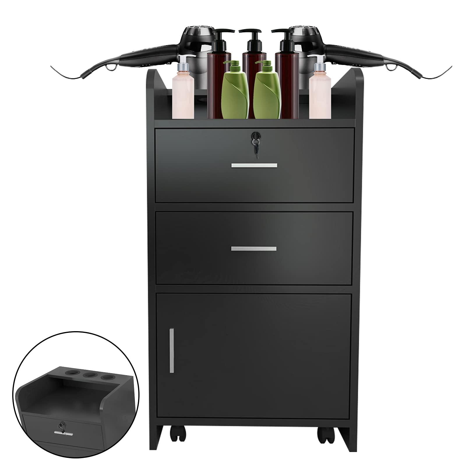 Goujxcy Goujxcy Barber Salon Station for Hair Stylist, Black Salon Barber Storage Cabinet Hair Station, Space-saving Salon Cabinets, Salon Beauty Equipment with 2 Drawers,1 Door,3 Hair Dryer