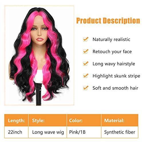 Aigemei Pink Skunk Stripe Wavy Wigs 22inch Highlight Synthetic Hair Lace Wig Ombre Hair Wigs for Black Women Middle Part Fake Scalp Long Wavy Wig