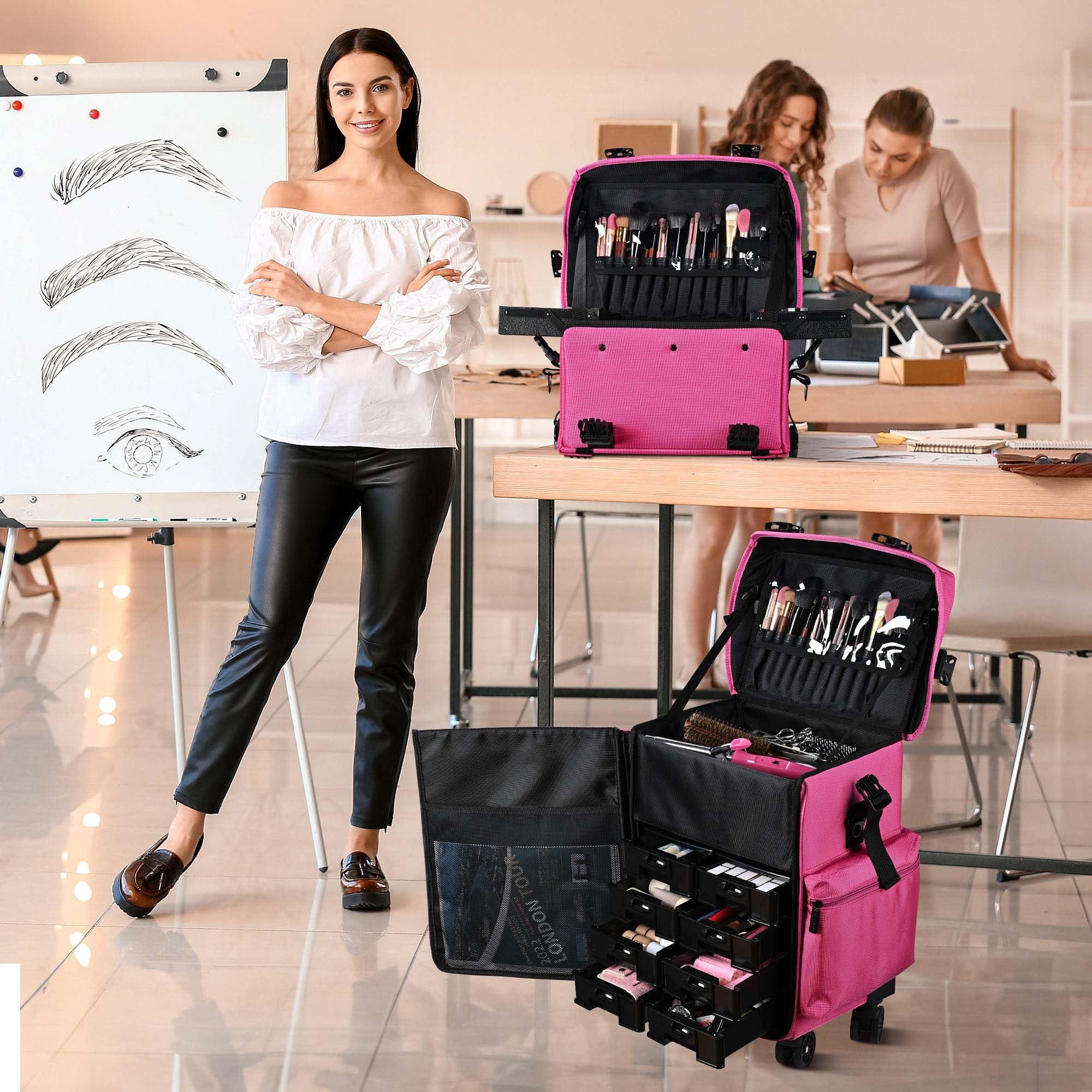 BYOOTIQUE BYOOTIQUE 2 in1 Soft Sided Rolling Makeup Case Unseasonable Bright Cosmetic Train Case with Wheels and Removable Organizer, Deep Pink