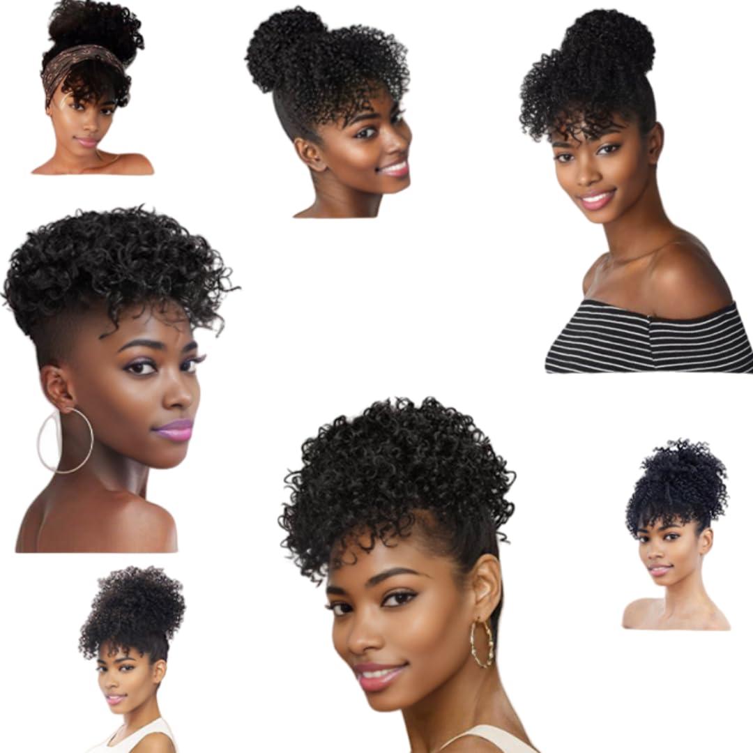 AYunhe 100% Human Hair Bangs Afro Curly Fringe Hair Bangs Fluffy Kinky Curly Human Hairpieces for Black Women Clip in on Hair Extensions (Natural Black)