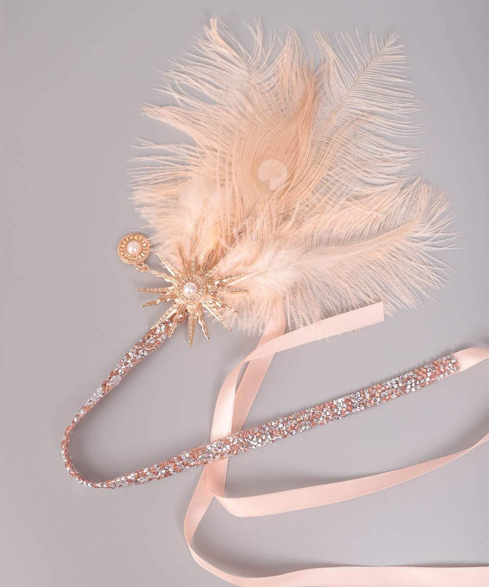 Aimimier Aimimier 1920s Flapper Feather Headband Champagne Feather Headpiece with Rhinestone Head Chain Hair Accessories for Women