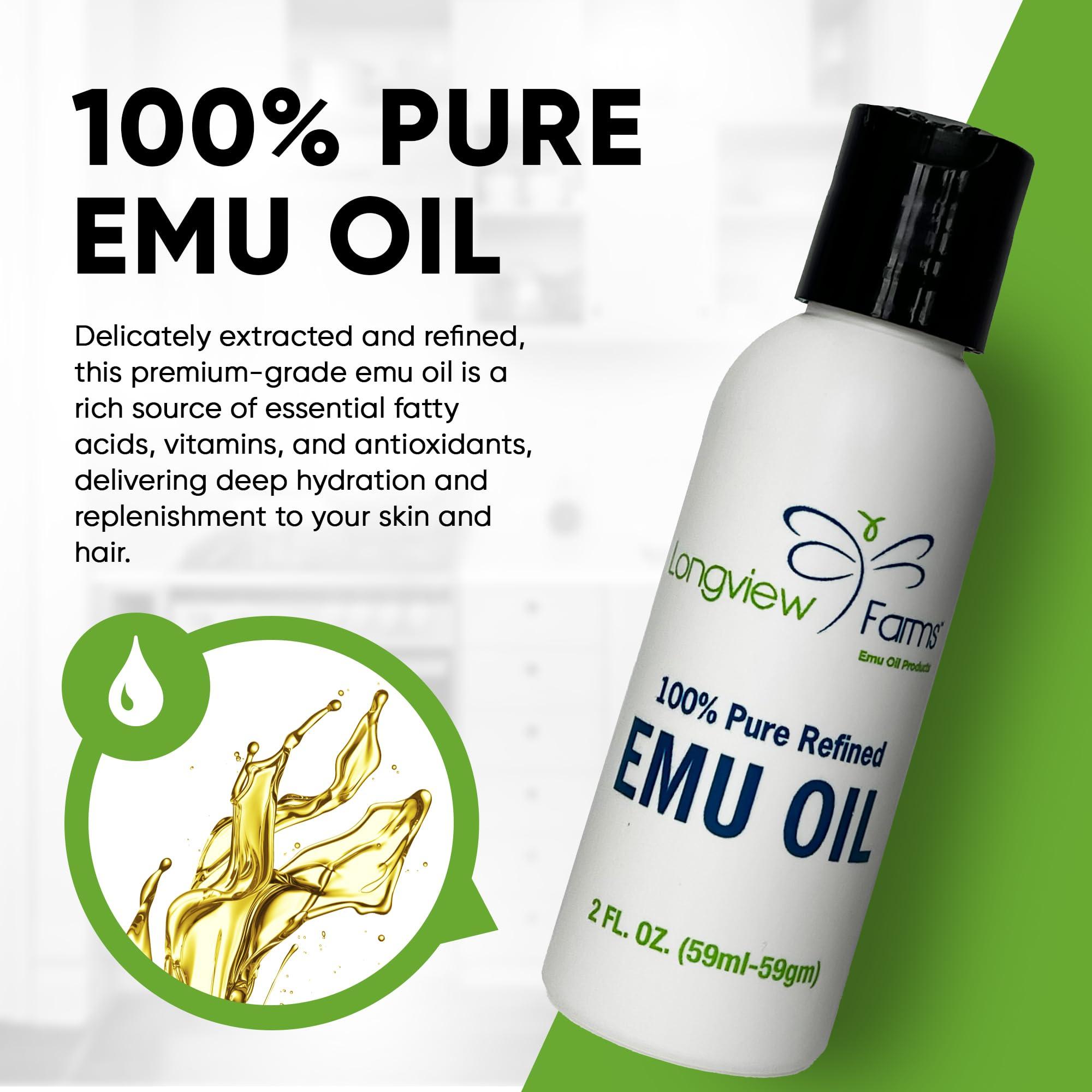Longview Farms Longview Farms Emu Oil - Hair and Body Oil - 100% Pure & Refined Emu Oil | Organic Emu Oil for Skin & Hair Care | Premium Quality Hydration & Nourishment | 2 Fl. Oz