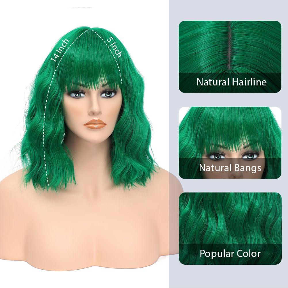 LOSMOEER LOSMOEER Green Wig with Bangs Short Wavy Wigs for Women Shoulder Length Curly Bob Wigs Heat Resistant Synthetic Wigs for Halloween Cosplay Daily Party Use