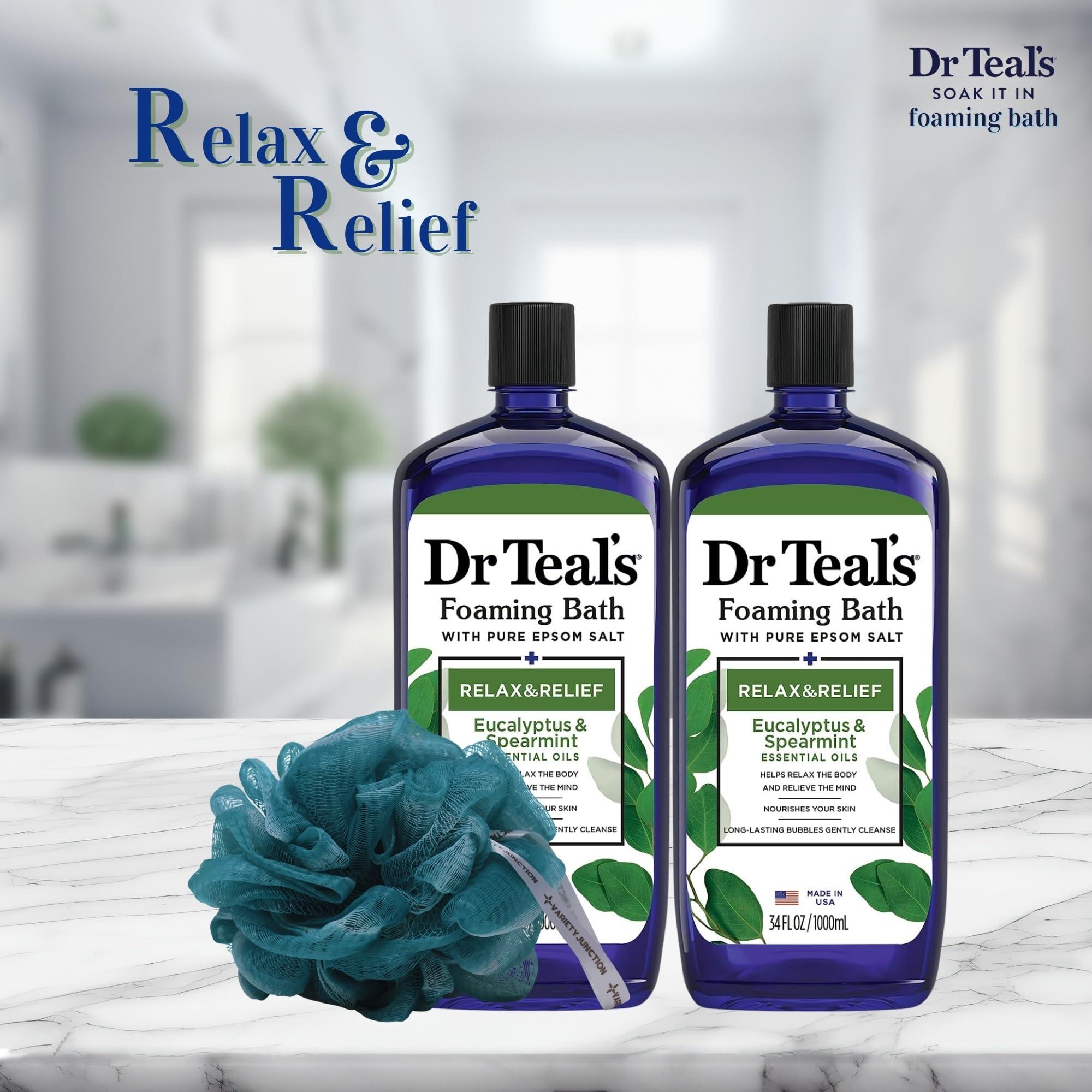 Variety Junction Dr. Teal\'s Eucalyptus and Spearmint Foaming Bath 34oz Bottles (Pack of 2) with Variety Junction Premium Bath Sponge - Relax and Relief, Bubble Bath, Relaxing, Men\'s and Women\'s