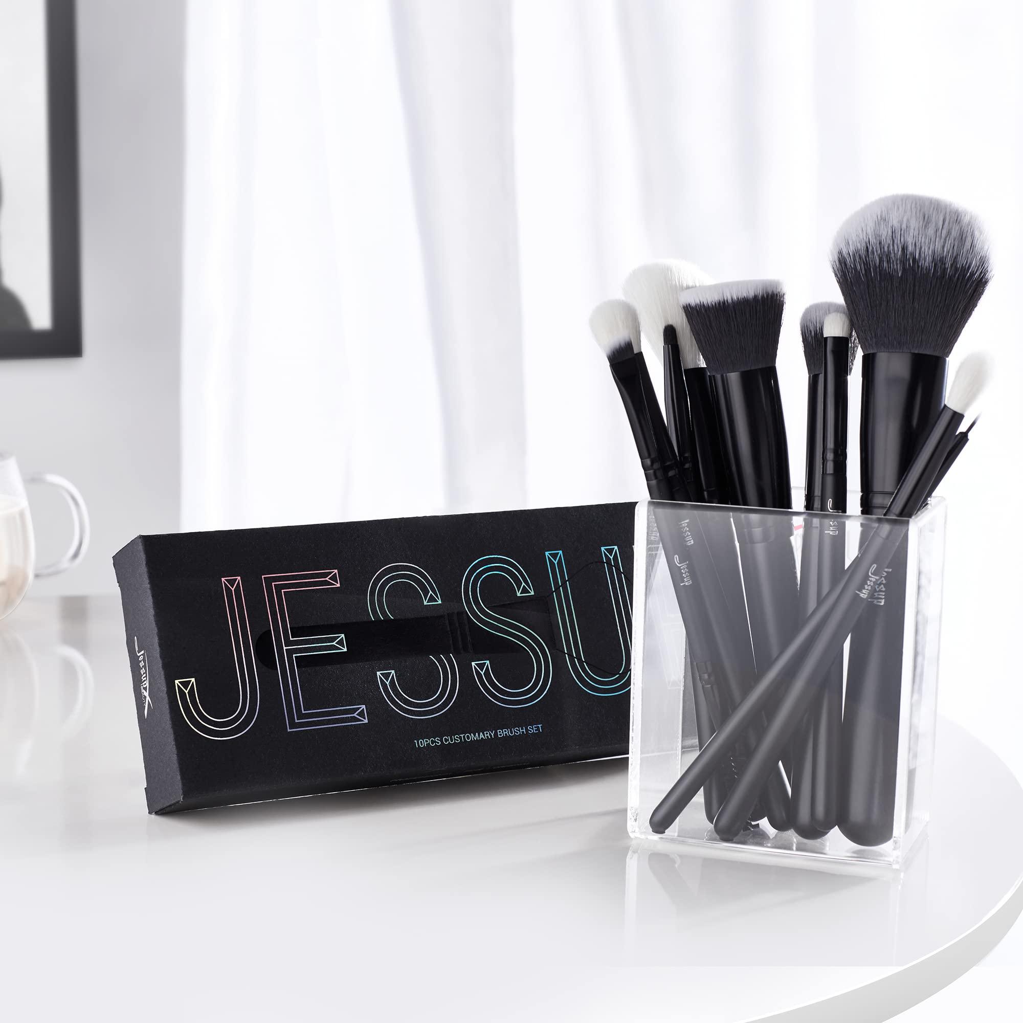Jessup Jessup Makeup Brush Set 10pcs Black Make up Brushes Set Professional with Natural Synthetic Hair for Foundation Blending Blush Concealer Eyeshadow Eyebrow Eyeliner, T323