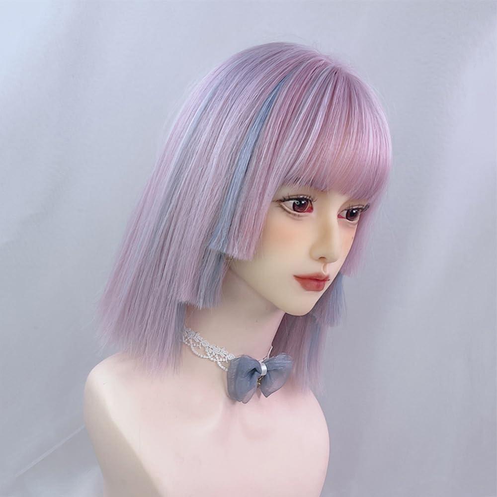 TEDPRBGE TEDPRBGE Women Highlight Ombre Purple Blue Hime Cut Hair Wig with Bangs Natural Looking Synthetic Wig Heat Resistant Hair Wig for Daily Party (Purple Blue)