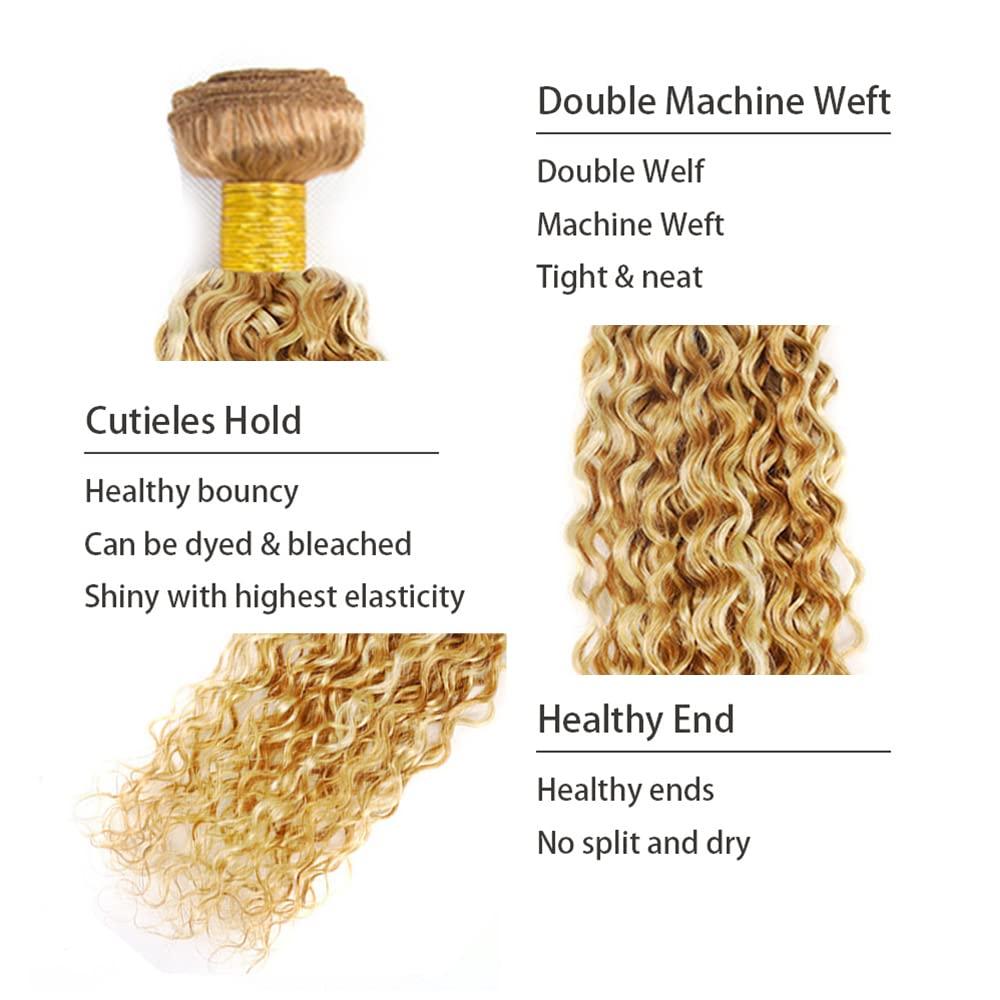 LadrXadr Blonde Human Hair Bundles 613 Kinky Curly Bundles P27/613 Human Hair Bundles 10 inch Blonde Wet and Wavy Bundle Two Tone Honey Blonde Mixed With Blonde Bundle Human Hair Weave