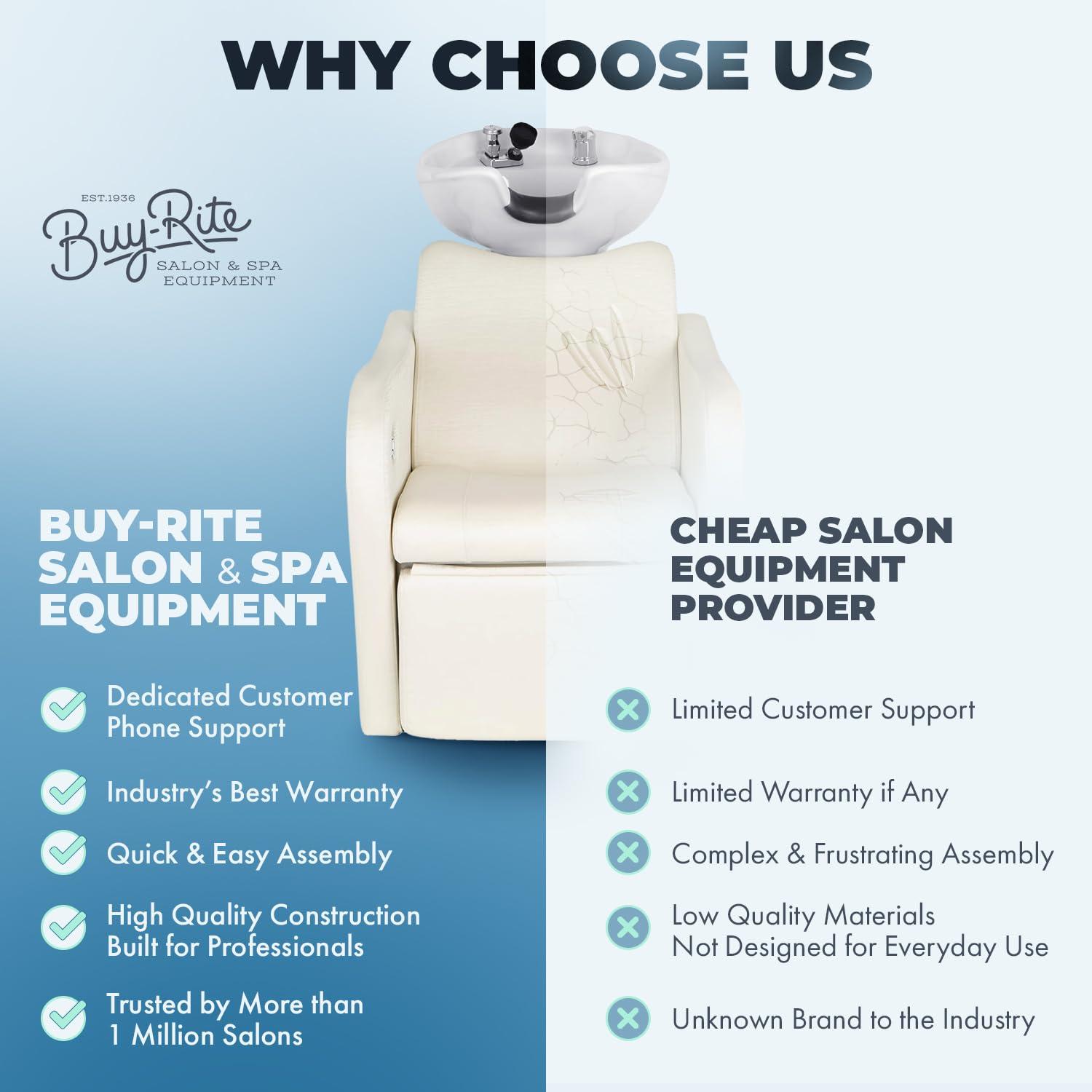 Buy-Rite Salon & Spa Equipment Buy-Rite Lexus Backwash Unit - Salon Shampoo Chair & Tilting Porcelain Shampoo Bowl, European Style Single Handle Faucet, Extra Wide Seat and Kick-Out Leg Rest, TS-8018B (White Zebra)