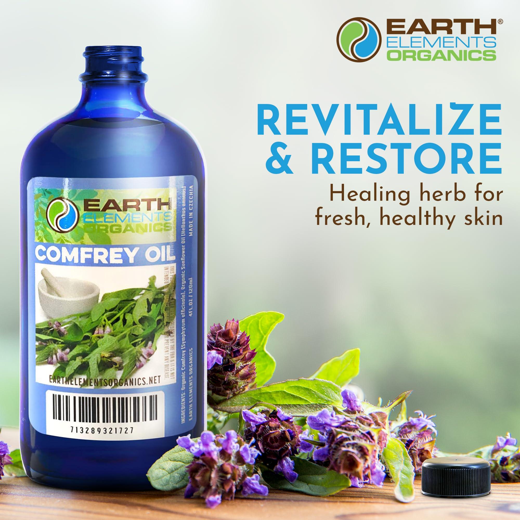 Earth Elements Organics Organic Comfrey Oil Raw, Infused, Pressed Herbal Oil. Comfrey Leaf, Sunflower Seed Oil 4 fl.oz.
