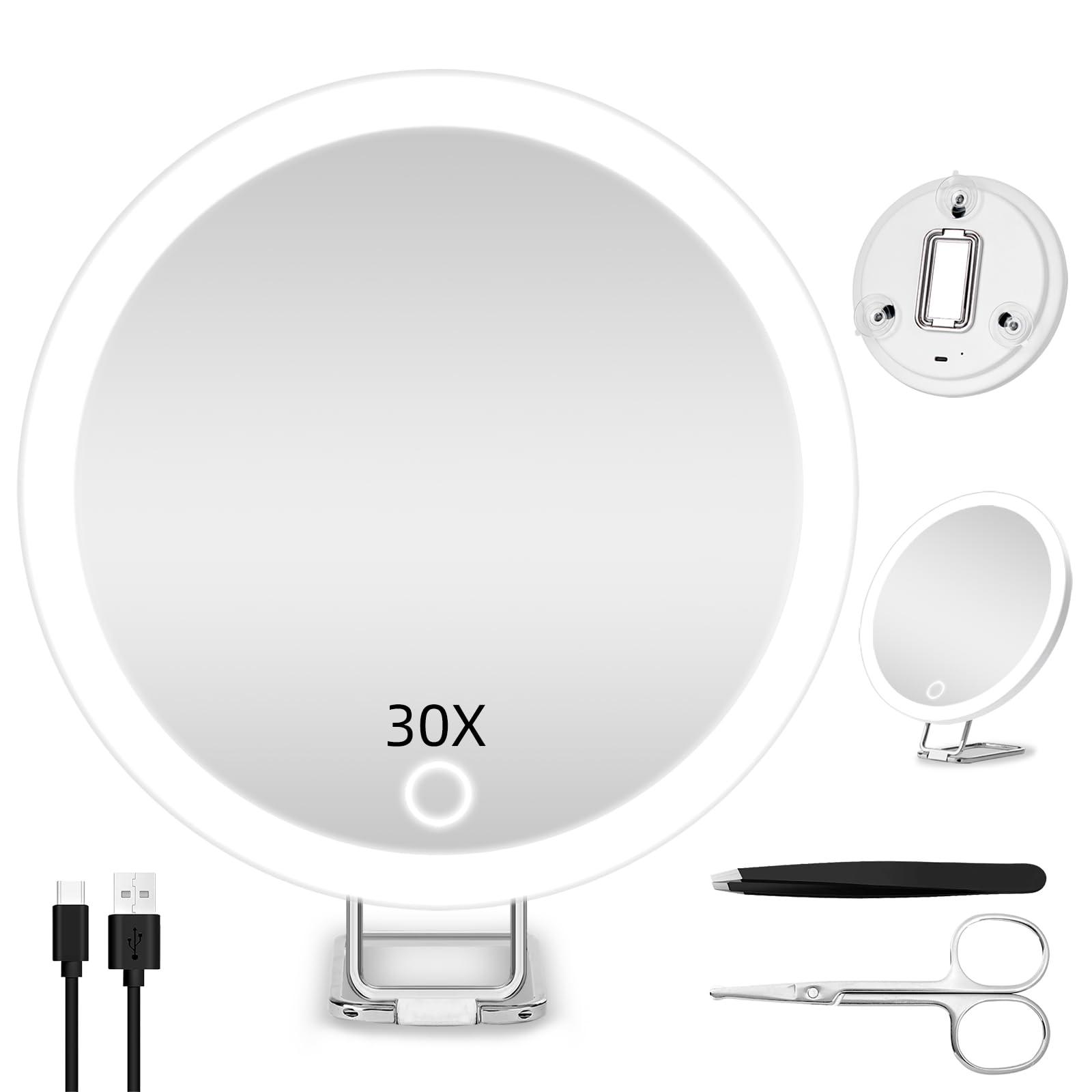 Jadazror 30X Magnifying Mirror with Lights, Large 6\'\' Makeup Magnifying Mirror, Lighted 30x Magnification High Magnifying Mirror, 30x Travel Magnifying Mirror with LED Lights, 3 Suction Cups & Adjustable Stand