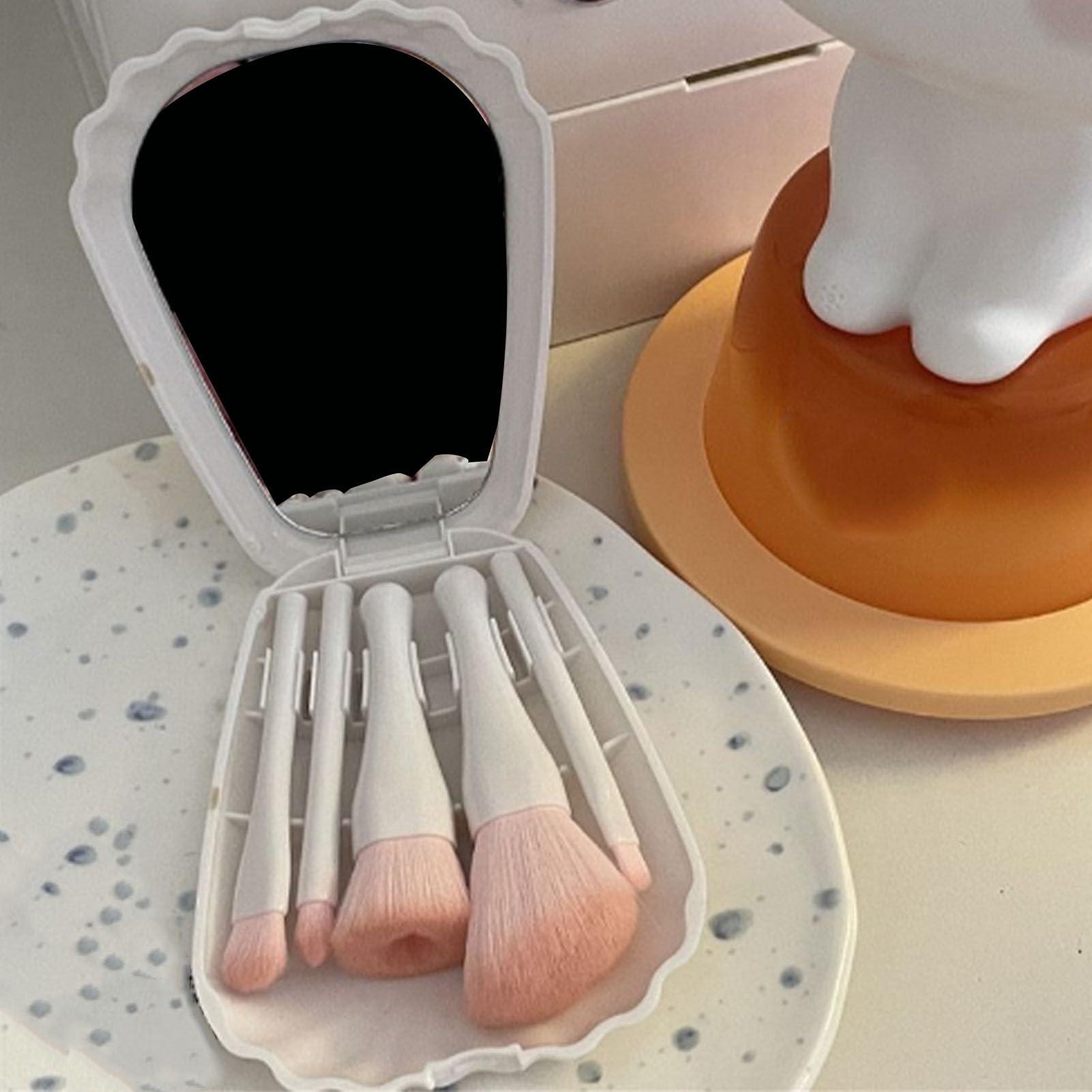 Tomotato Travel Makeup Brushes Set, Shell Portable Mini Cosmetic Brush Kit with Mirror for Foundation Powder Concealer Eyeshadow(White)
