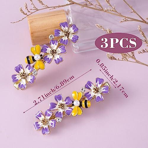 CHANZET CHANZET Bee Flower Hair Clip Pins with Rhinestone Pearl 3pcs, Gold Vintage Decorative Metal Hair Clips, Elegant Purple Flower Hair Barrettes Hairpin Bee Hair Styling Accessories for Women Girls