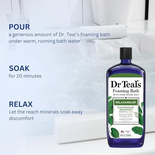 Variety Junction Dr. Teal\'s Eucalyptus and Spearmint Foaming Bath 34oz Bottles (Pack of 2) with Variety Junction Premium Bath Sponge - Relax and Relief, Bubble Bath, Relaxing, Men\'s and Women\'s