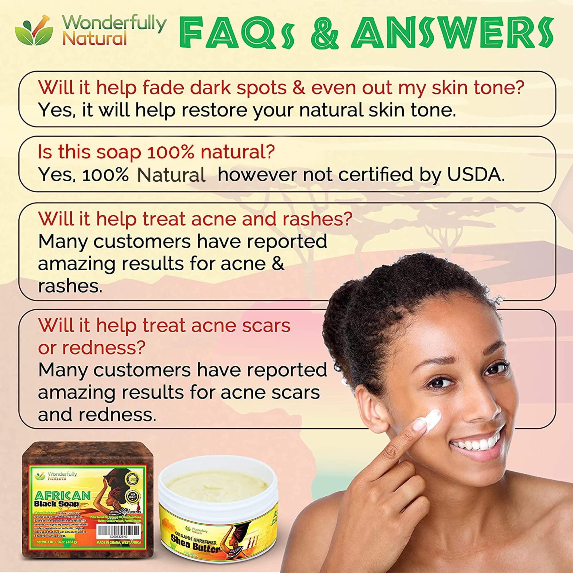 Wonderfully Natural Organic African Black Soap - For Acne & Dark Spots | Natural Vegan and Cruelty Free Satisfaction Guarantee 1lb bar | 90 day Supply