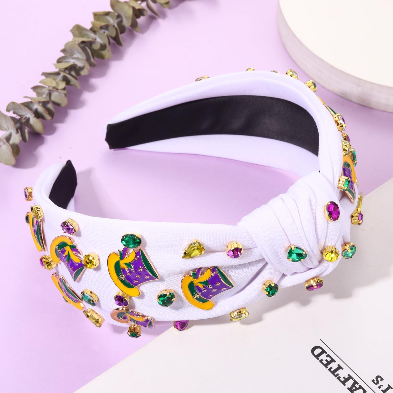 MOLOCH MOLOCH Mardi Gras Headband for Women Enamel Top Hat Knotted Headband Purple Yellow Green Carnival Crystal Headband Fat Tuesday Hair Accessories Gifts