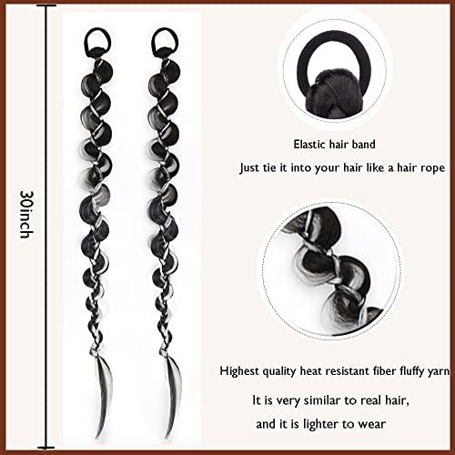 QIAORUIXIN 2PCS Long Braided Ponytail Extension, Fashion style twist Butterfly Braided with Hair Tie Straight Wrap Around Hair Extensions Ponytail Natural Soft Synthetic HairPiece for Women Black Highlights grey