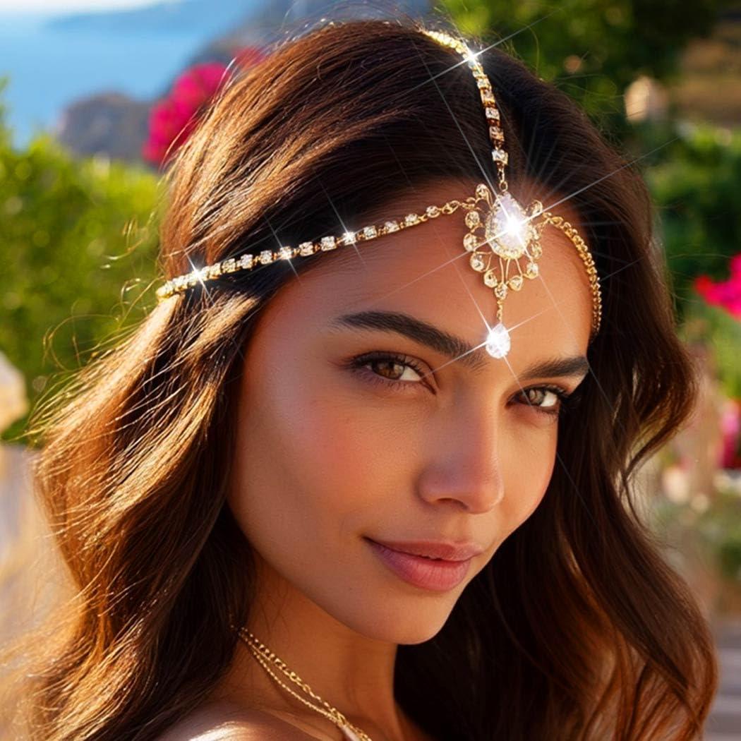 Catery Catery Head Chain Jewelry Crystal Hair Chains Boho Headpiece Pendant Head Chain Hair Jewelry Hair Accessories for Women and Girls (Gold)