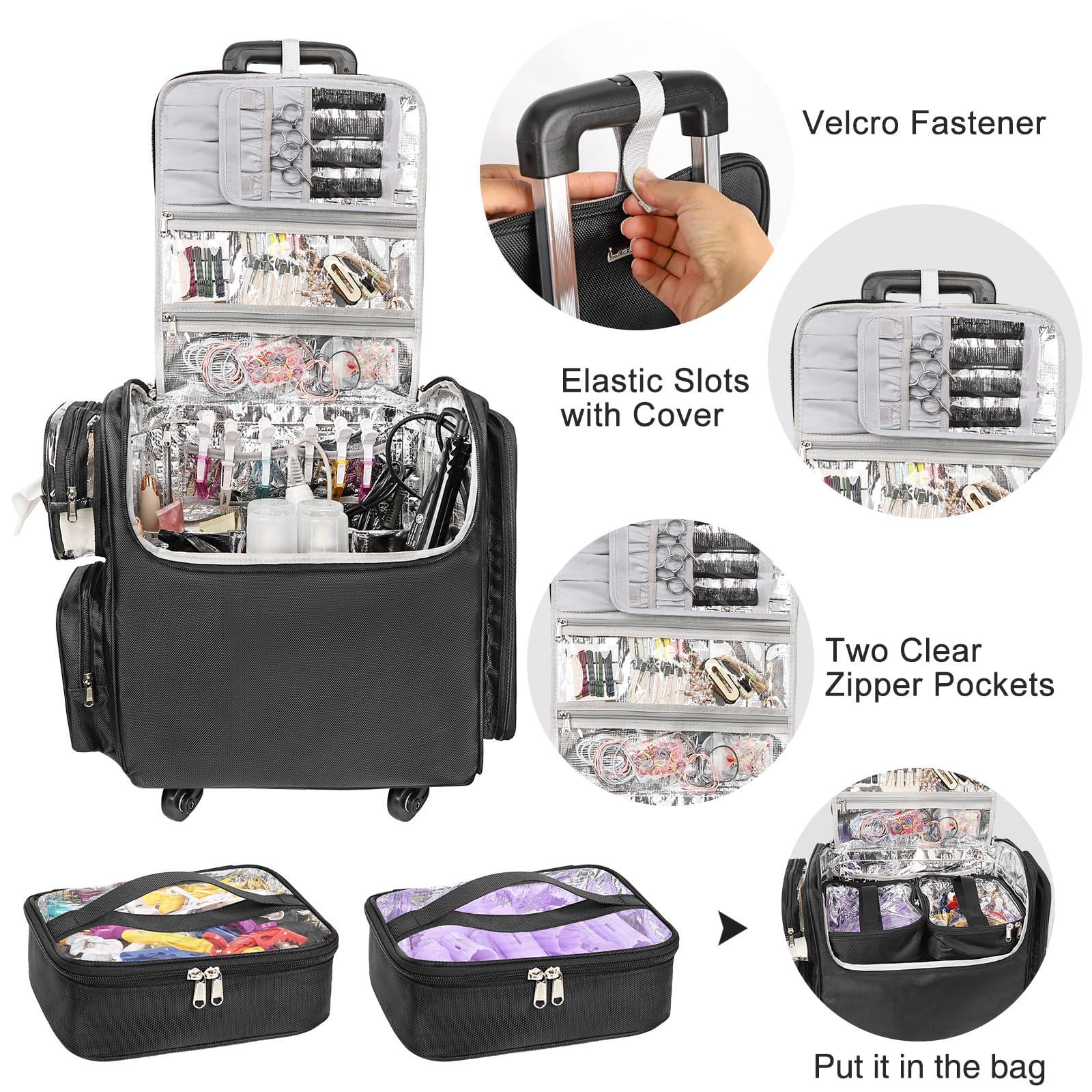 Relavel Relavel Rolling Makeup Case Cosmetology Case on Wheels Hair Stylist/Hairdresser Travelling BarberBag with Four 360 Degree Spinner Wheels, Heat Insulation Lining and Adjustable Dividers