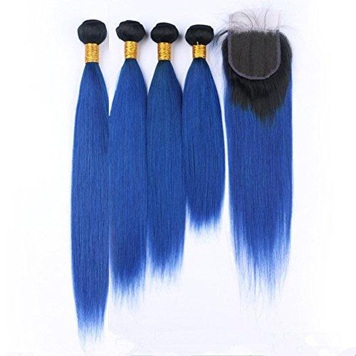 Tony beauty hair Tony Beauty Hair Dark Blue Ombre Virgin Indian Human Hair Bundles Deals 4Pcs with Lace Closure Piece 4x4 Silky Straight #1B/Blue Ombre Virgin Hair Weft Extensions 5Pcs Lot (24 26 28 30+22)