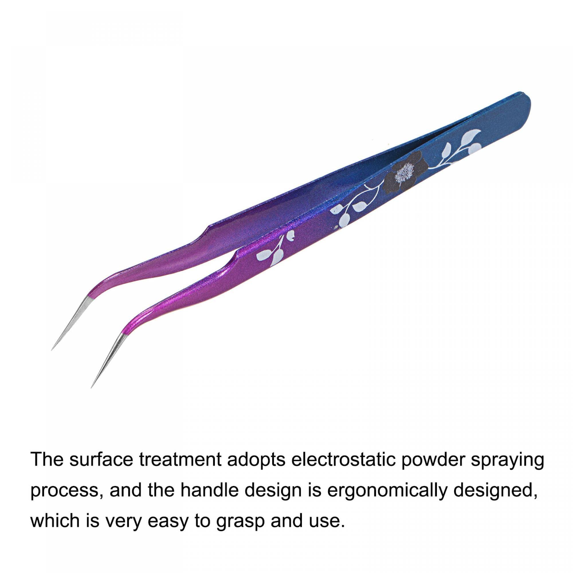 uxcell uxcell Non-magnetic Curved Tip Tweezer Anti-static Stainless Steel Precision Tweezer for Eyelash Extensions Volume Purple Blue with Flower Print 4Pcs