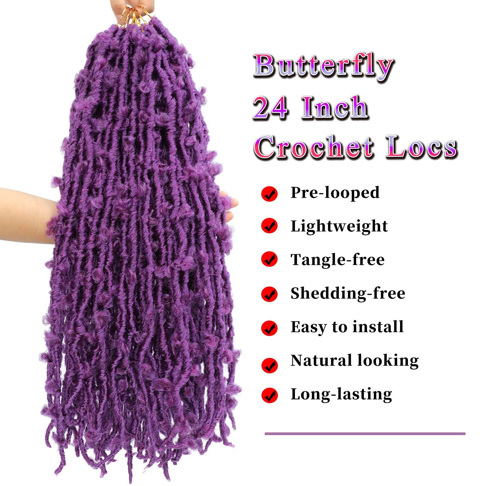 Duoduo Beauty Butterfly Locs Crochet Hair 24 Inch Purple Pre Looped Distressed Butterfly Locs Crochet Braids Soft Messy Butterfly Locs Crochet Hair Faux Locs Crochet Hair Extensions 6Packs (24Inch, MPurple)