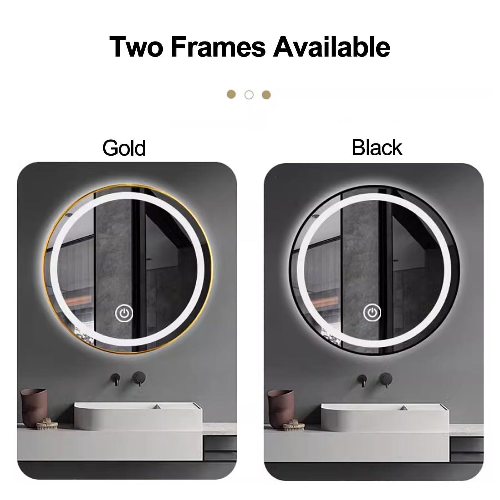 COMPR Mirror with Lights, Led Bathroom Mirror, Led Gold Frame Round Mirror, Wall Mounted Lighted Vanity Mirror, 3 Colors, Memory Function (Color : Gold, Size : 60cm)