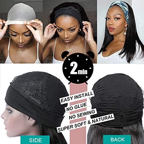 Ubetta Human Hair Headband Bob Wig Natural Black Short Bob Headband Wig for Black Women, Straight Human Hair Bob Wig with Headband Attached Headband Wig 180% Density 10 Inch Glueless None Lace Front Bob Wig