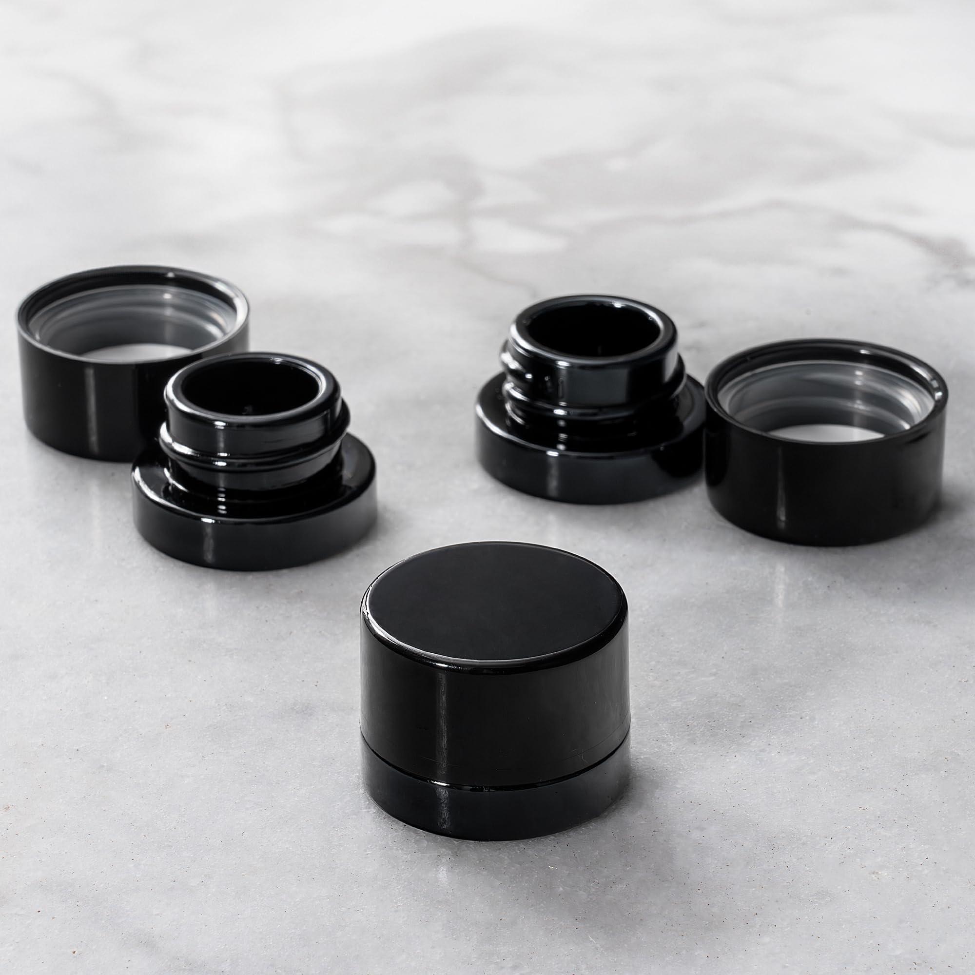 SODO LOCO (200 Pack) 5ml Thick Black Glass Jars with Black Child Resistant Lids - UV Resistant - Storage for Oil, Lip Balm, Wax, Cosmetics - Mini Child Proof Container