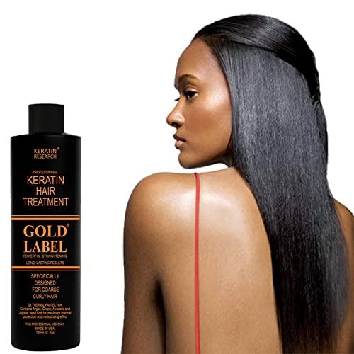 KERATIN RESEARCH Gold Label Brazilian Keratin Hair Treatment Straightening works on All Hair Types Incl Coarse Thick Dry Frizzy Curly Bleached Dominican Brazilian Indian Strong formula Hair 240ml