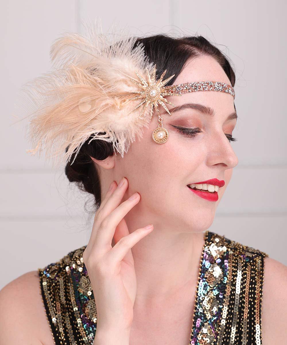 Aimimier Aimimier 1920s Flapper Feather Headband Champagne Feather Headpiece with Rhinestone Head Chain Hair Accessories for Women