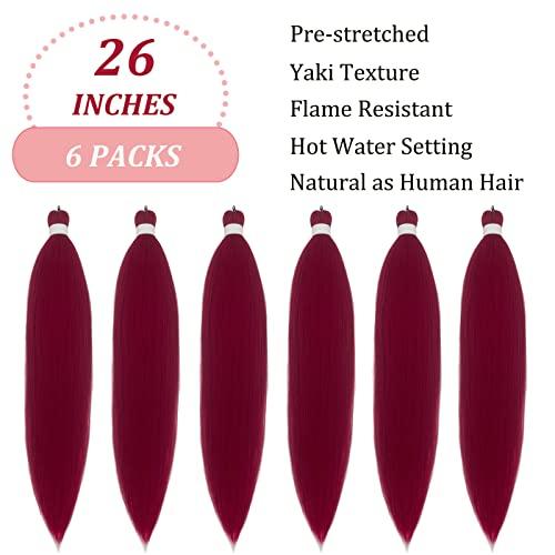 UPruyo Dark Red Burgundy Braiding Hair Pre Stretched 26 inch Synthetic Hair for Braiding Micro Braiding Hair Extensions for Box Braids Long Knotless Prestretched Pre Stretched Braiding Hair (Pack of 6, 900#)