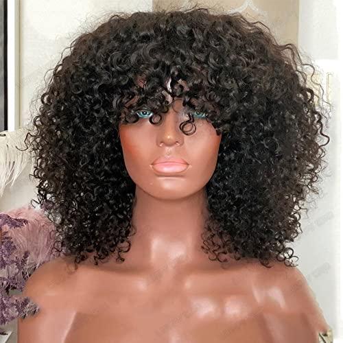 Young beauty Young beauty Curly Human Hair Wig With Bangs 100% Brazilian Human Hair Curly Wigs O Scalp Top Full Machine Made Wig for Black Women Loose Curly Wigs 180Density 20inch Natural Color