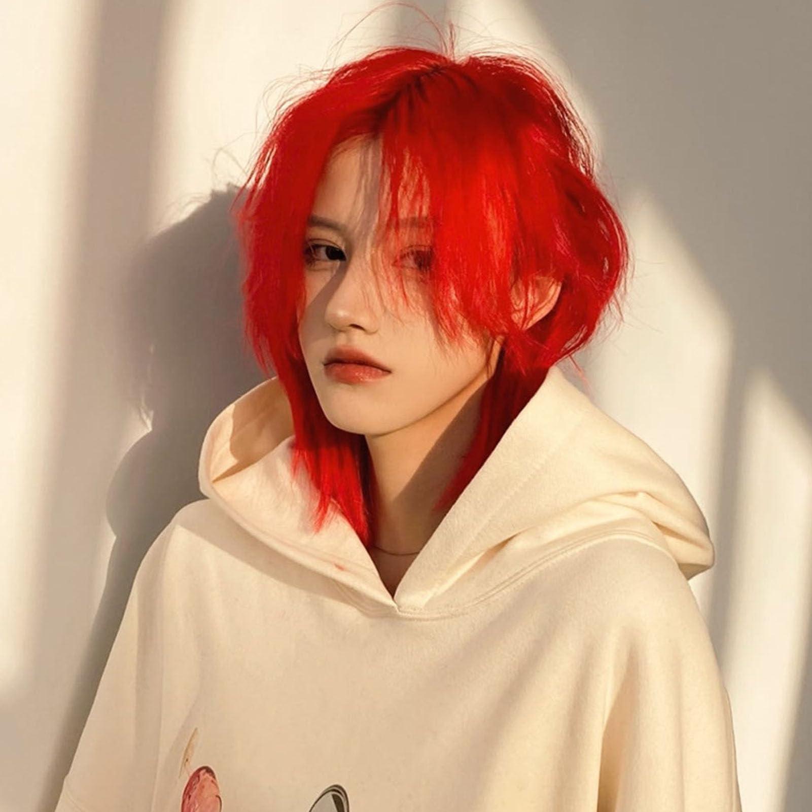 Jonlaki Red Wig, Wolf Cut, Short Hair Pieces, Fluffy Texture, High Simulation, Durable Material, for Festival Cosplay Show Performance Women Men