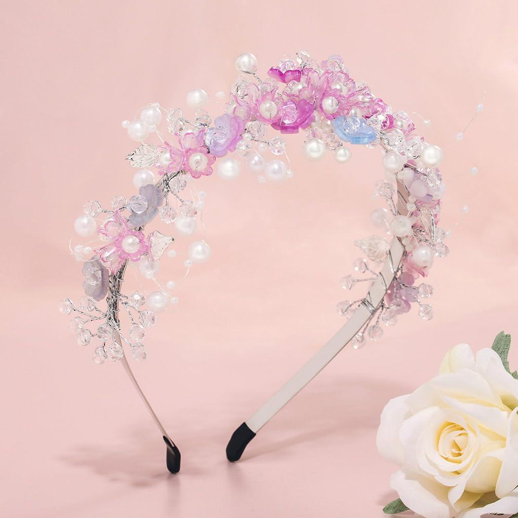 Woeoe Woeoe Pearl Princess Headband Pink Flower Crystal Hair Band Birthday Wedding Communion Hair Accessories