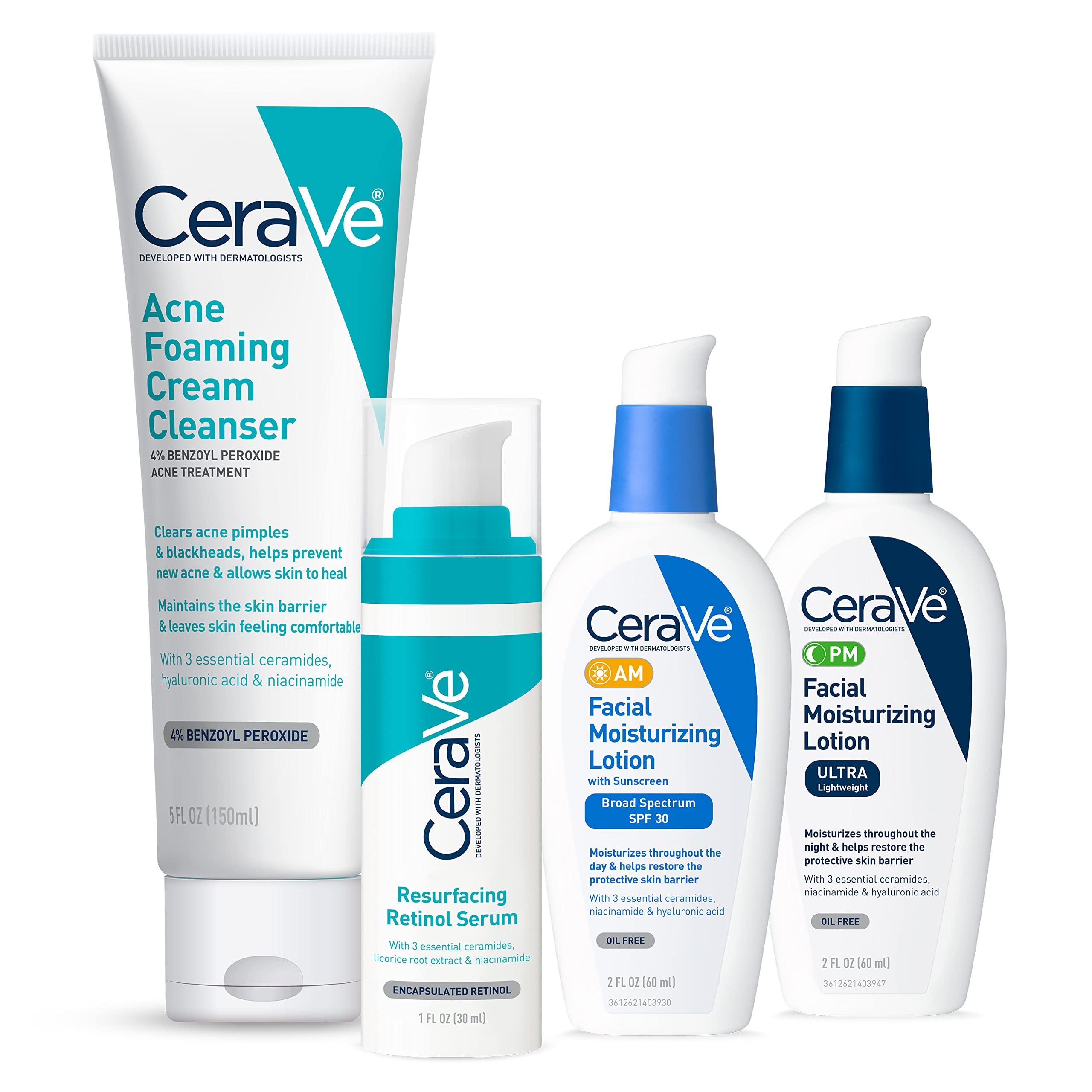 CeraVe CeraVe Acne Skin Care Set, 5oz Acne Foaming Cream Cleanser + 1oz Resurfacing Retinol Serum + 2oz AM Facial Moisturizing Lotion with SPF 30 + 2oz PM Facial Moisturizing Lotion
