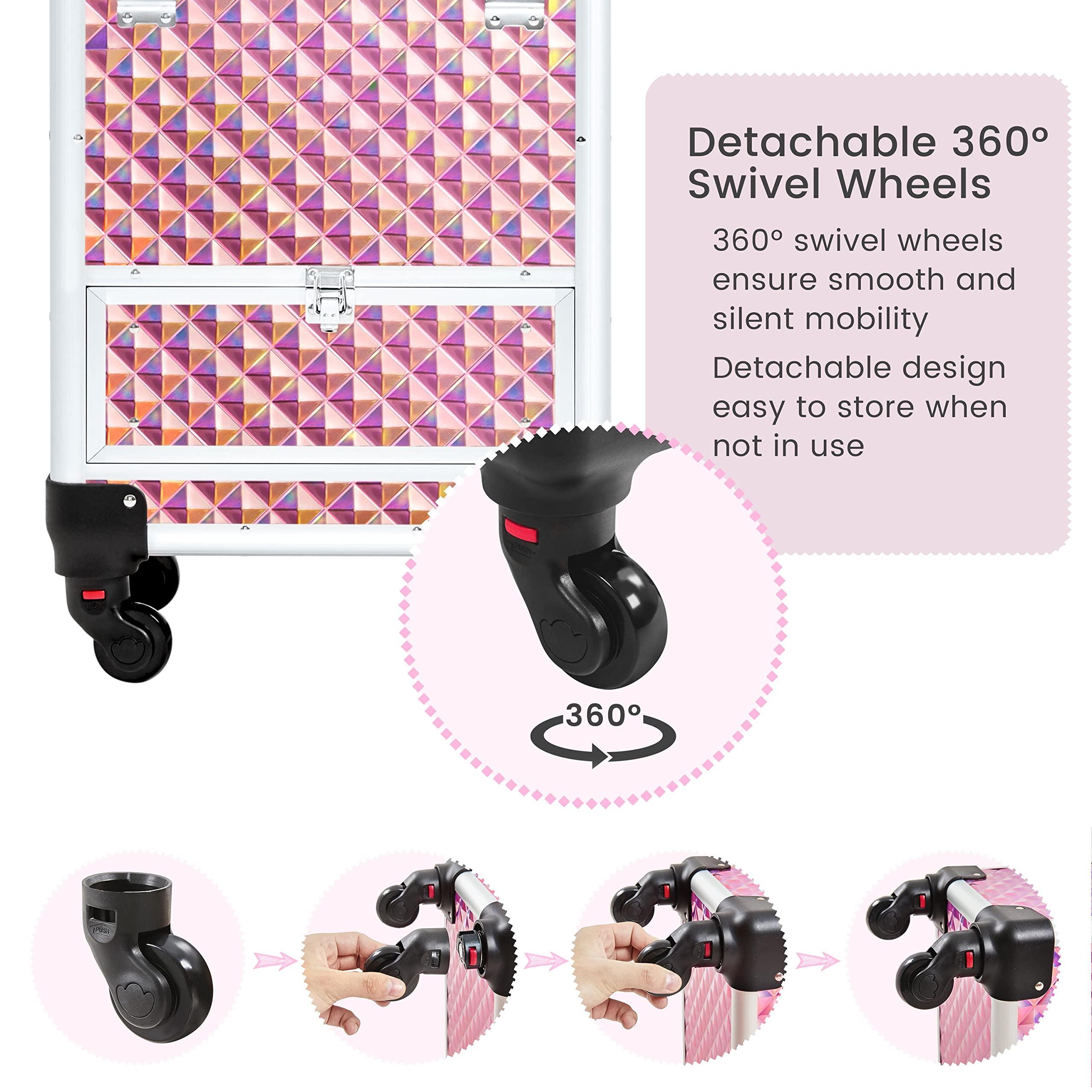 Yaheetech Yaheetech Rolling Makeup Train Case Aluminum Cosmetic Case with Wheels Barber Case Salon Lockable Travel Trolley with Sliding Drawers Removable Divider, Pink/Silver