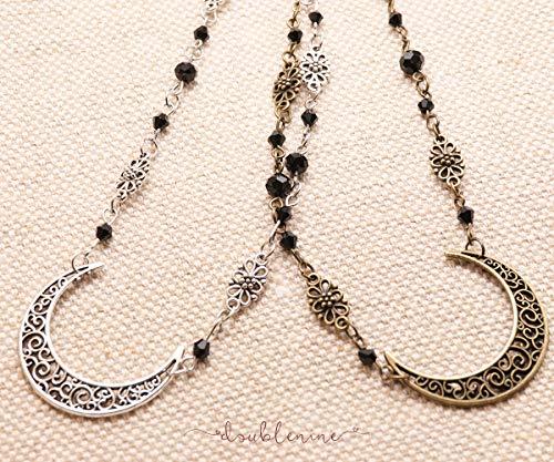 Doubnine DoubleNine Crescent Moon Drop Pendant Tassels Head Chain Black Beads Headband Retro Natural Stone Crystal Hair Accessories Headpiece for Women Bride Wedding (Black Small Beads)