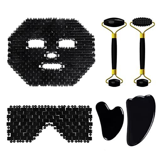 IDOBLO Natural Obsidian Face Mask Facial Care Massage Roller Gua Sha Board Black Crystal Eye Relax Care Tools,4in1 Set