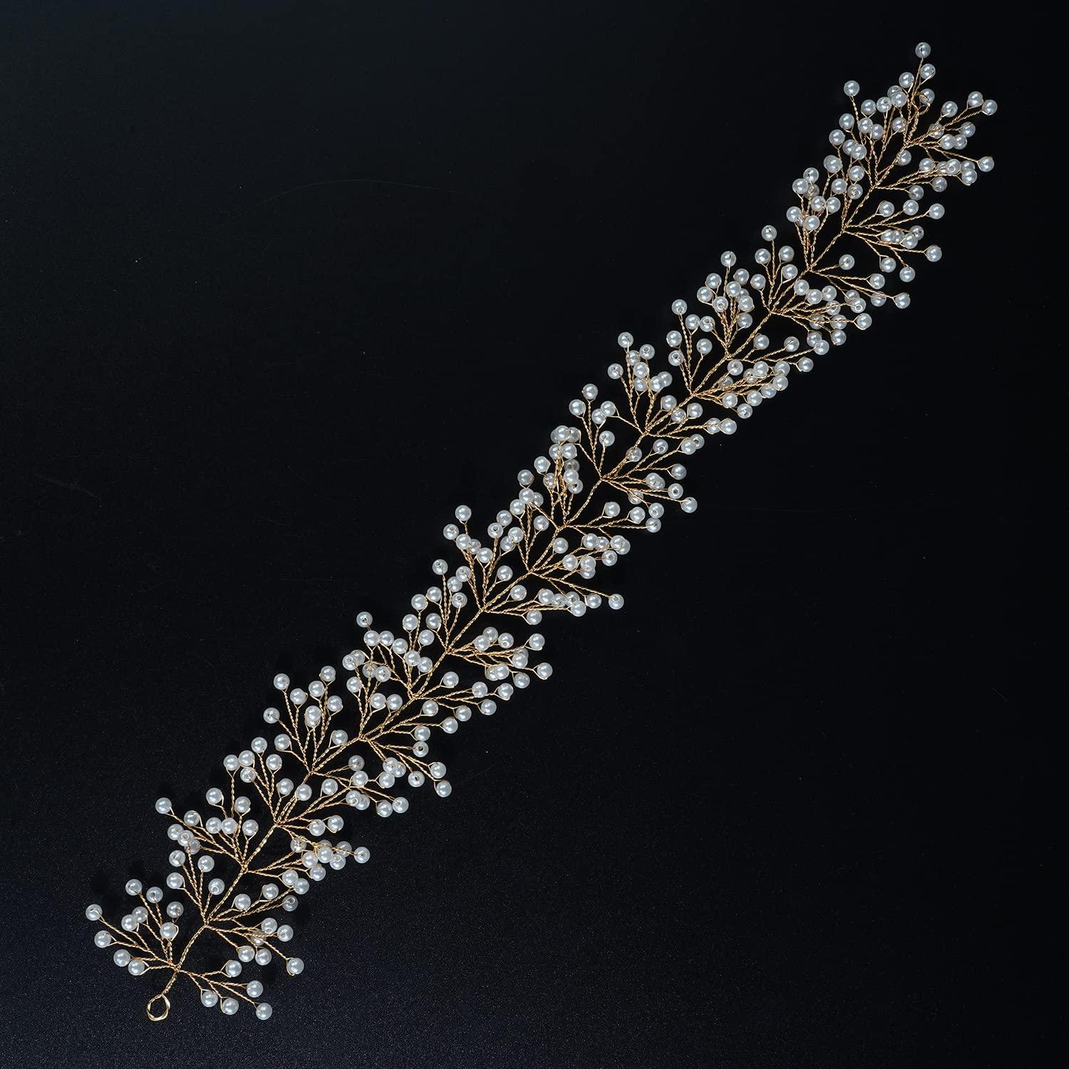 Xerling Xerling Brides Pearl Hair Vine Gold Headband for Girls Crystal Hairband Hair Accessories Wedding Bridal Head Piece for Women (Gold)