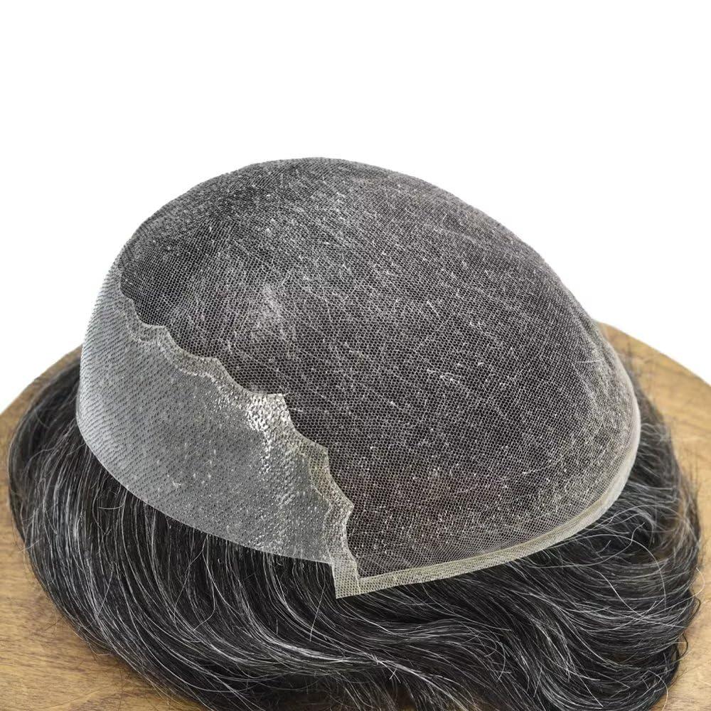 SINGA HAIR Mens Toupee Wigs Hair System for Men Human Hair Piece Replacement Natural Hairline Toupee for Men French Lace Front Mens Hair Unit 7\'\'X9\'\' #1B50 Off Black+50% Gray 80% Light Density