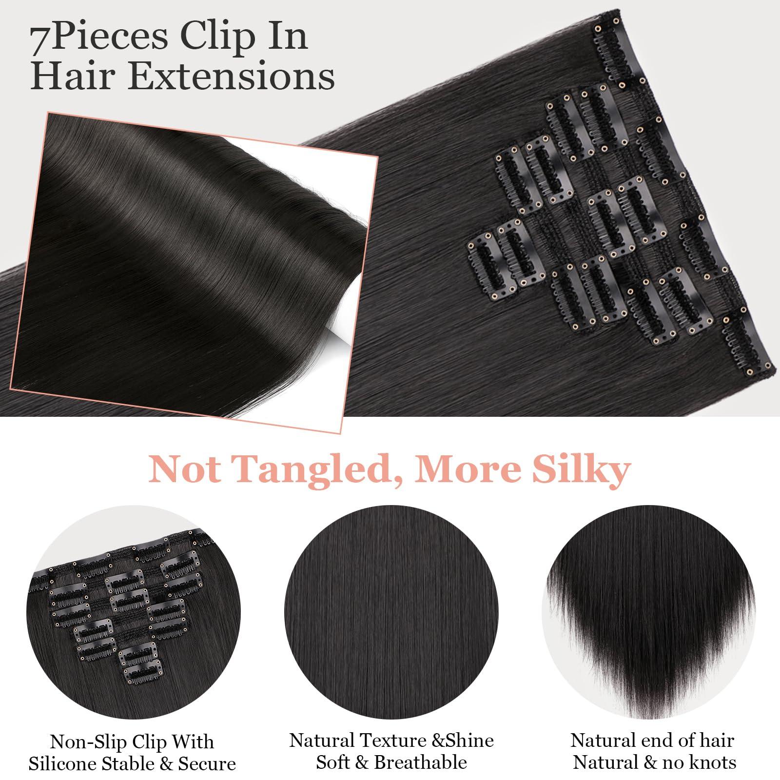 Wodelanle Clip in Hair Extensions for Women 7pcs Long Straight Dark Black Hair Extensions 23 Inch Natural Soft Clip on Extensions Synthetic Thick Hairpieces