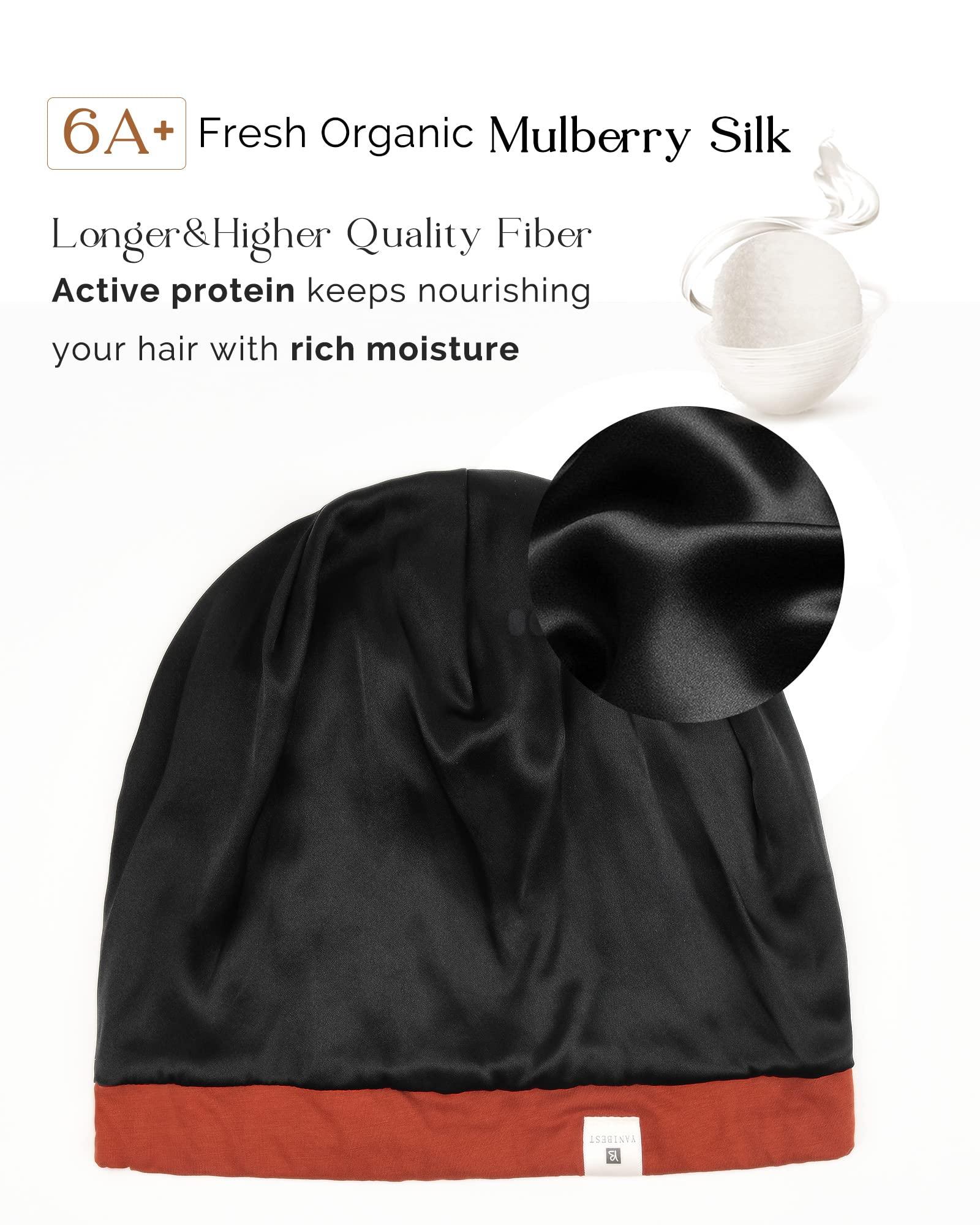 YANIBEST YANIBEST 100% Mulberry Silk Lined Sleep Cap Silk Bonnet for Sleeping - Orange Hair Cover Bonnet for Natural Hair Adjustable Slouchy Beanie Hat