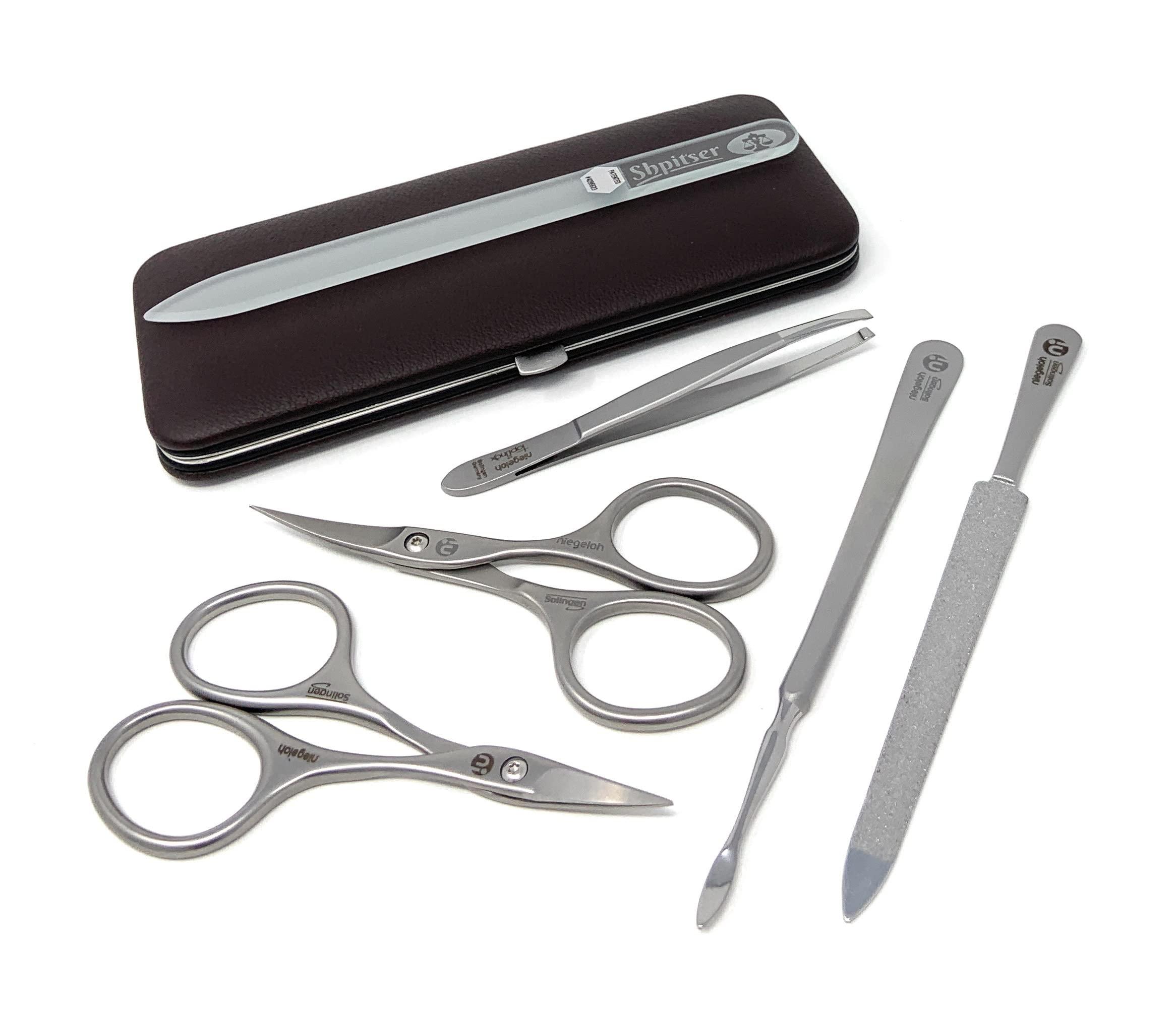 Niegeloh Niegeloh Solingen TopInox Surgical Stainless Steel Luxuries Manicure Set Grooming kit In Quality Nappa Leather Case Made in Germany Plus BONUS: SHPITSER Crystal Glass Nail File