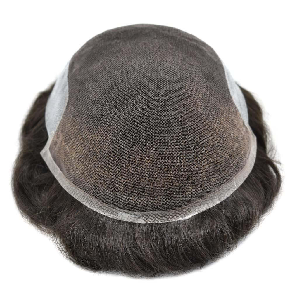Curve Hair mens toupee hairpieces human hair system for men hair piece replacement lace front mens hair unit poly skin toupee for men wigs(8\"x10\" (W x L), #2 Darkest Brown-80% Light Density)