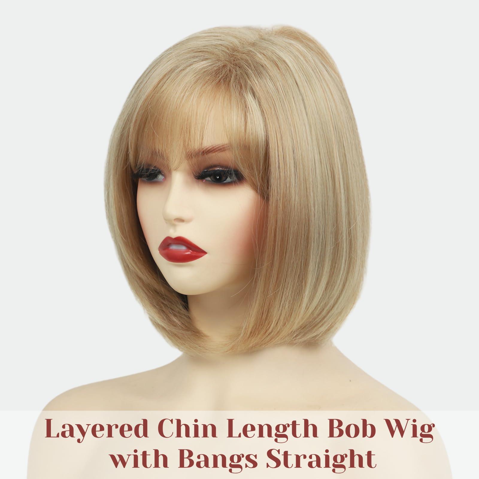 RENERSHOW RENERSHOW Short Blonde Pixie Bob Wig with Bangs Mixed Blonde Wigs for White Women Straight Hair Synthetic Wigs for Daily Party