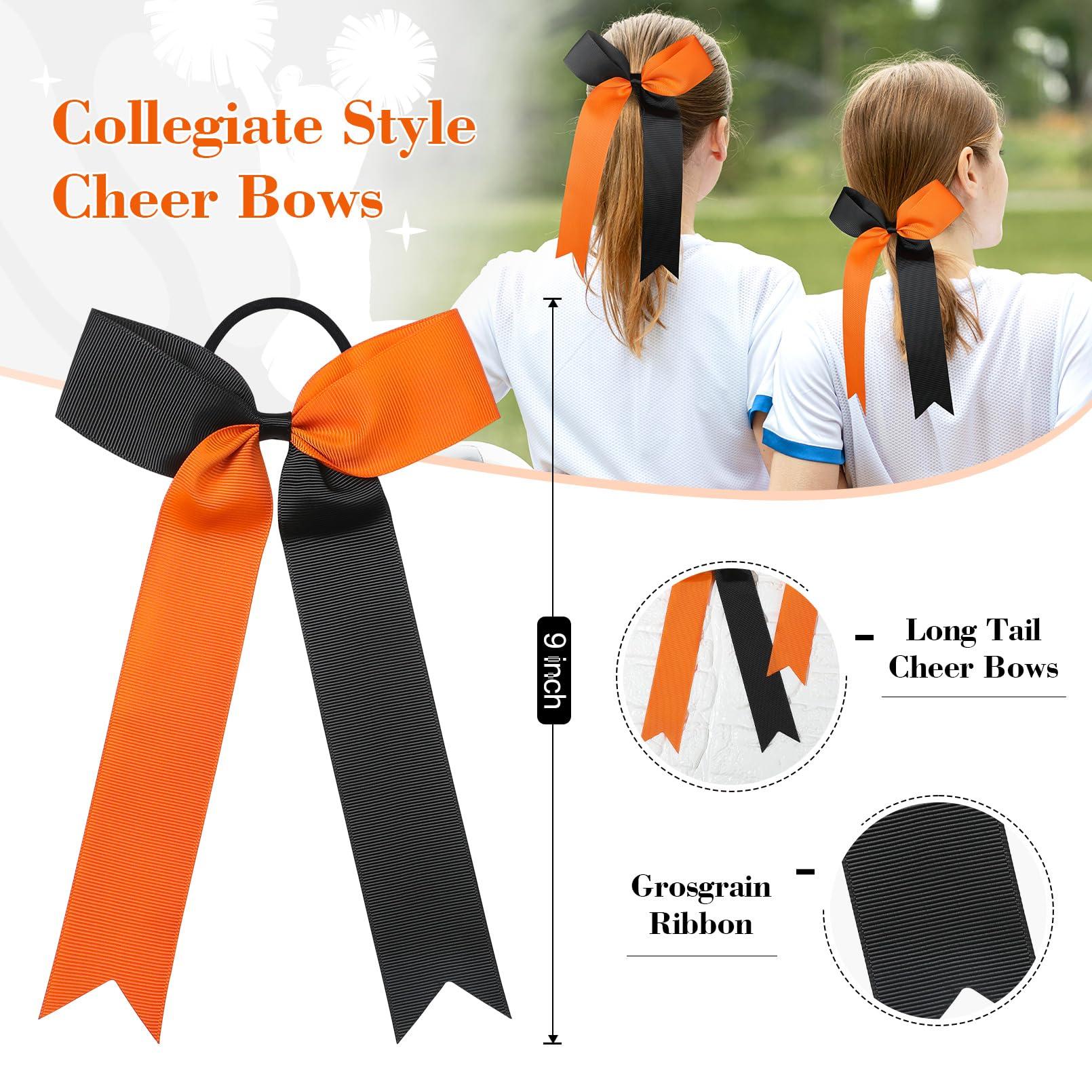 DEEKA DEEKA 16 PCS Collegiate Style Ponytail Holders - Long Tail Skinny Handmade Bows for Girls, Teens, Softball, Cheerleaders - Orange/Black