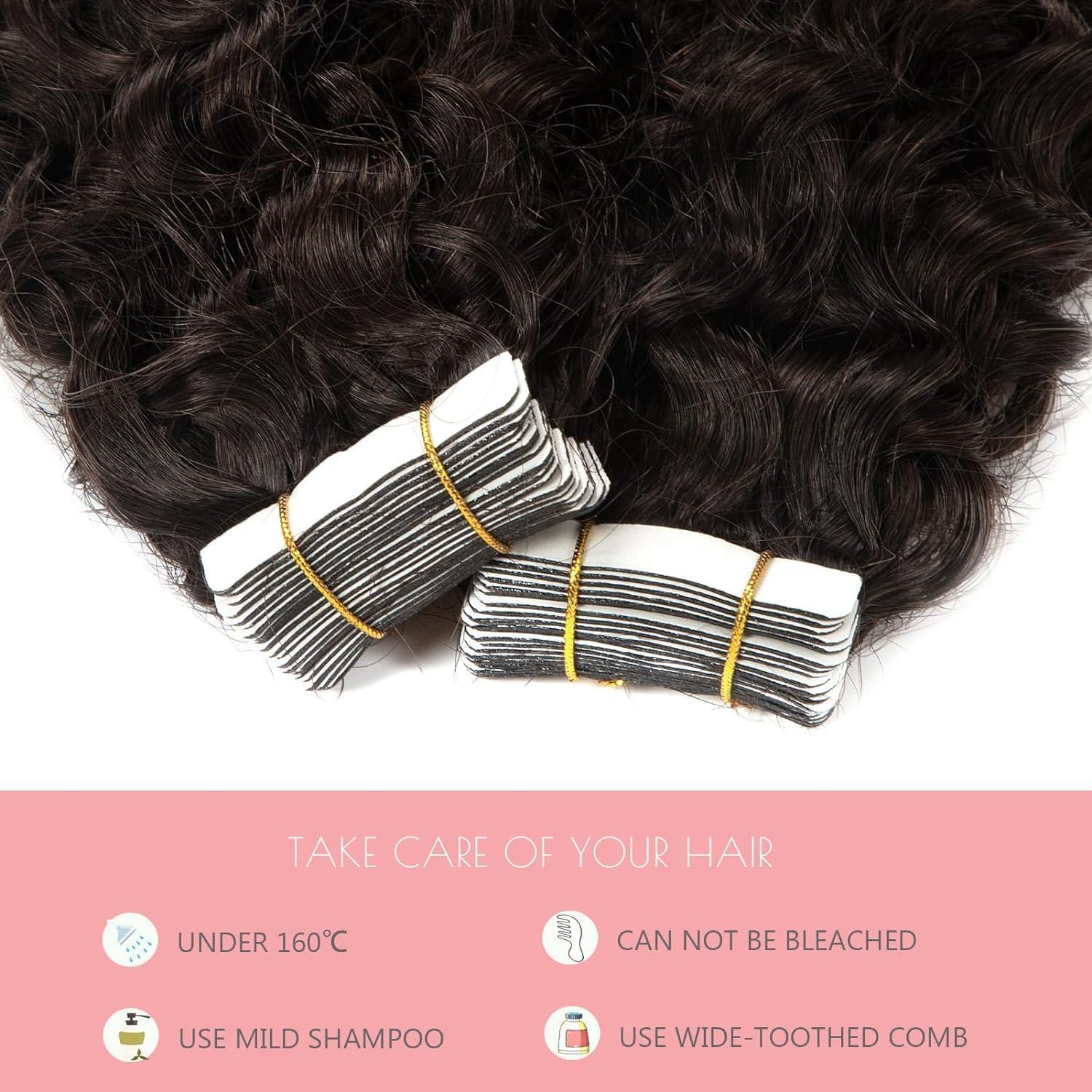 Loxxy 12inch Curly Hair Tape in Hair Extensions Dark Brown Natural Black Tape in Curly Human Hair Extensions for Women Double Sided Curly Tape Extensions #2 16pcs 40grams